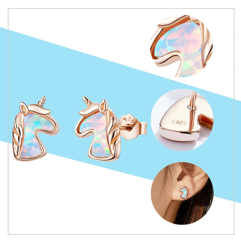 WOSTU 925 Sterling Silber Opal Stud Ohrringe Katze Einhorn Herz Blau Opal Ohrringe Für Frauen Original Silber 925 Schmuck