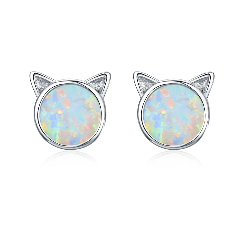 WOSTU 925 Sterling Silber Opal Stud Ohrringe Katze Einhorn Herz Blau Opal Ohrringe Für Frauen Original Silber 925 Schmuck