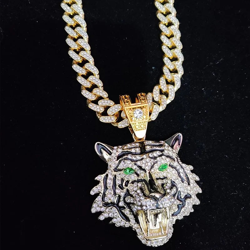 3D Tiger Anhänger Halskette Iced Out – 13mm Kristall Kubanische Kette Hip Hop Schmuck