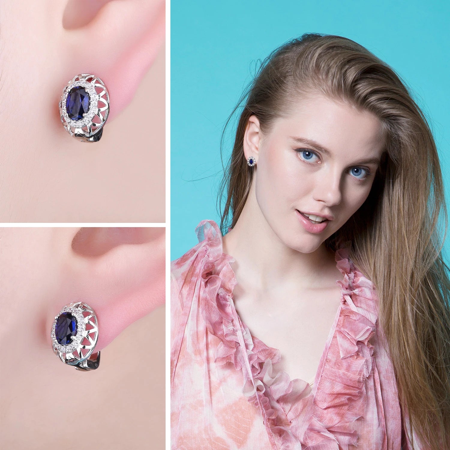 JewelryPalace Oval Kesim Düzenlendi Mavi Safir 925 Ayar Gümüş Halka Küpe Kadınlar için Moda Bildirimi Taş Takı