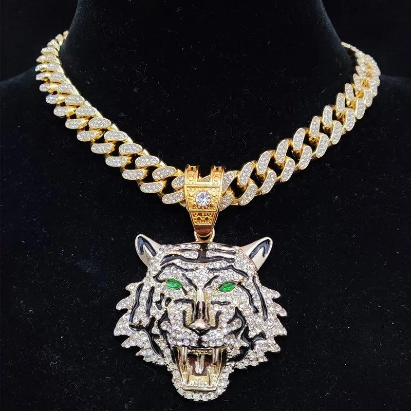 3D Tiger Anhänger Halskette Iced Out – 13mm Kristall Kubanische Kette Hip Hop Schmuck