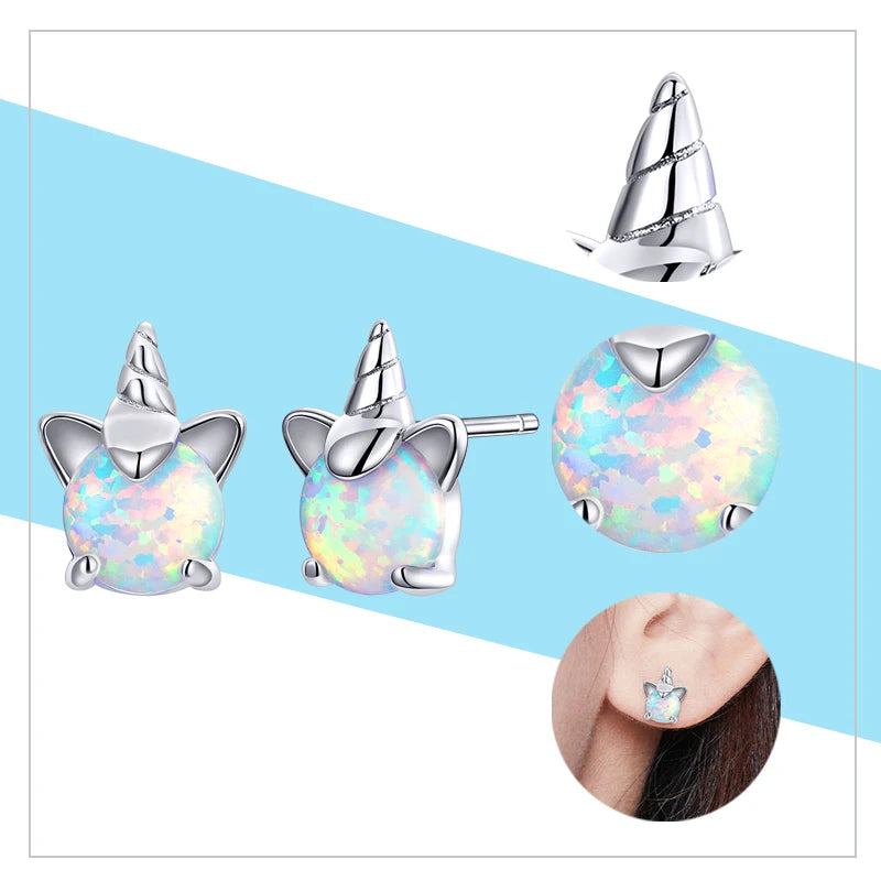 WOSTU 925 Sterling Silber Opal Stud Ohrringe Katze Einhorn Herz Blau Opal Ohrringe Für Frauen Original Silber 925 Schmuck