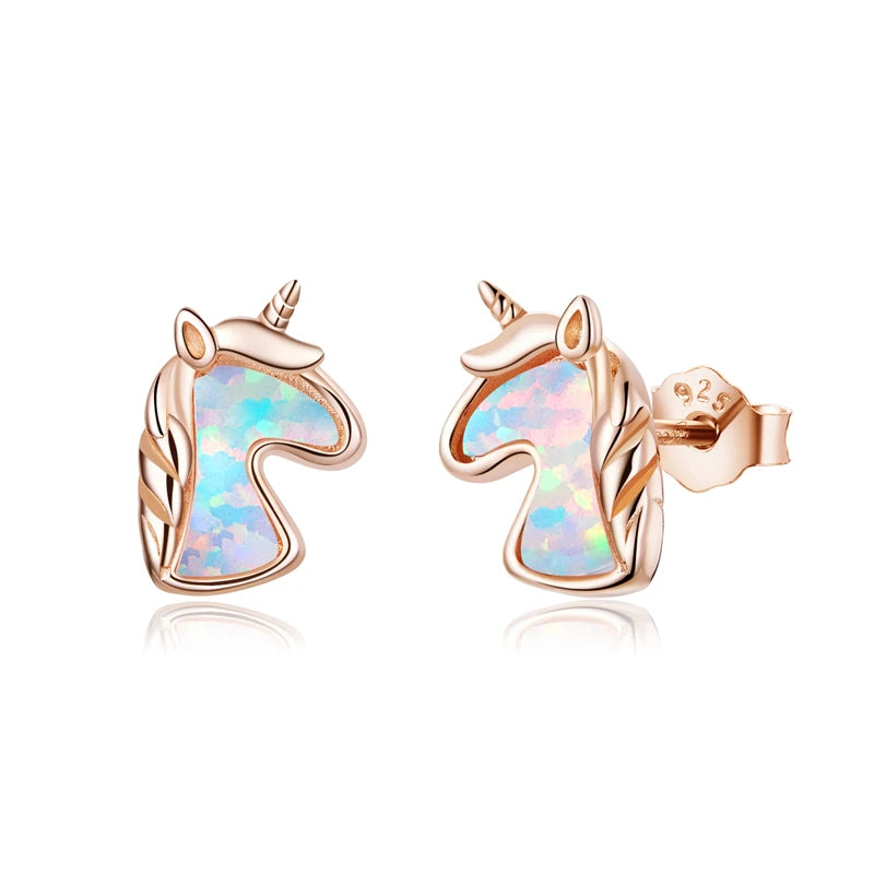 WOSTU 925 Sterling Silber Opal Stud Ohrringe Katze Einhorn Herz Blau Opal Ohrringe Für Frauen Original Silber 925 Schmuck