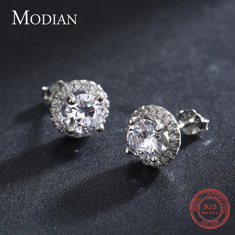 Modian Ohrstecker aus echtem 925er-Sterlingsilber, luxuriös, schlicht, Zirkonia, für Damen, rund, CZ, Hochzeit, Statement-Schmuck, Geschenke
