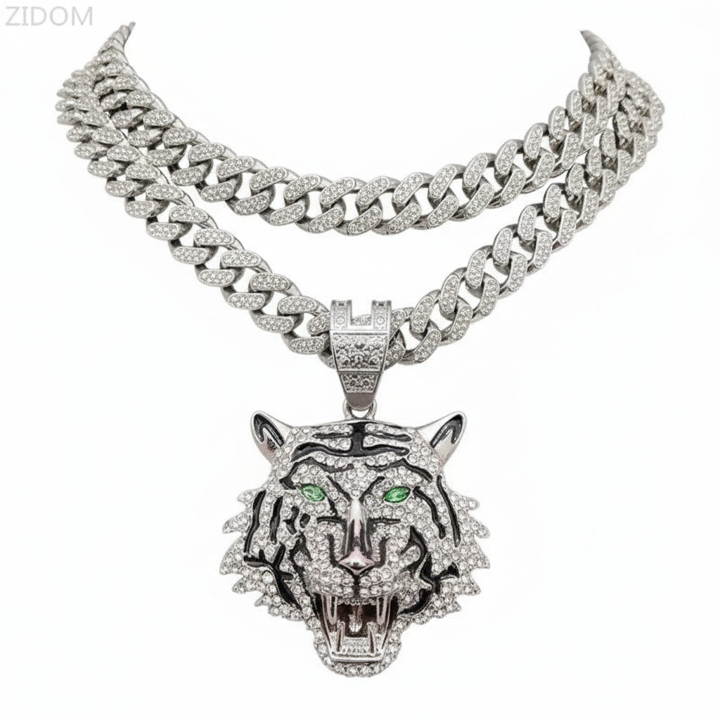 3D Tiger Anhänger Halskette Iced Out – 13mm Kristall Kubanische Kette Hip Hop Schmuck