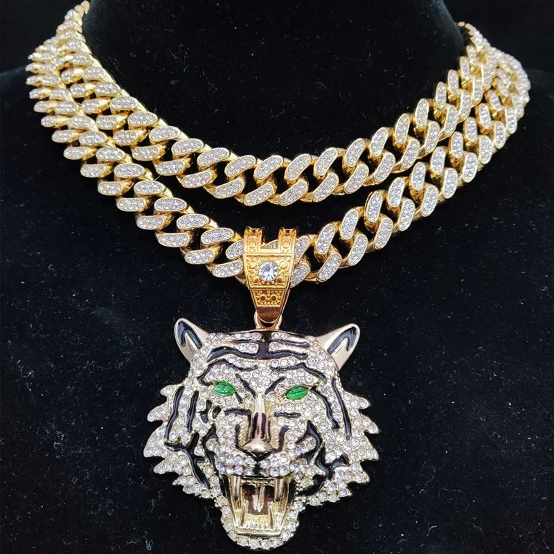 3D Tiger Anhänger Halskette Iced Out – 13mm Kristall Kubanische Kette Hip Hop Schmuck