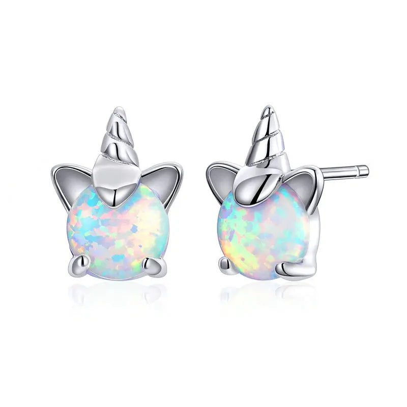 WOSTU 925 Sterling Silber Opal Stud Ohrringe Katze Einhorn Herz Blau Opal Ohrringe Für Frauen Original Silber 925 Schmuck