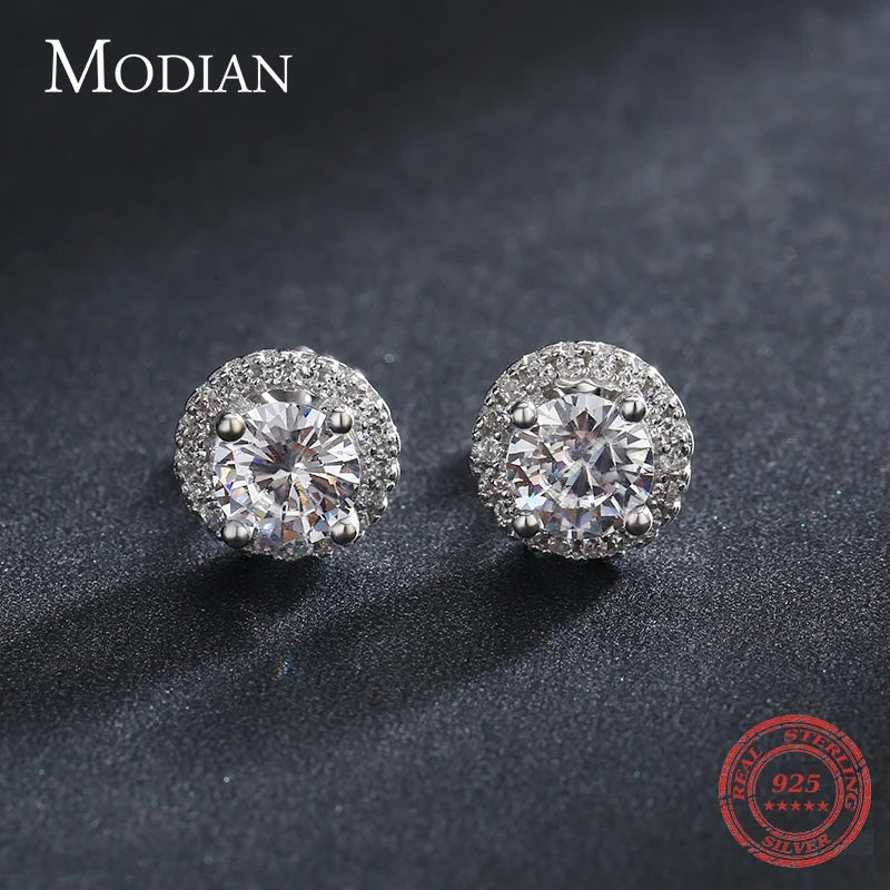 Modian Ohrstecker aus echtem 925er-Sterlingsilber, luxuriös, schlicht, Zirkonia, für Damen, rund, CZ, Hochzeit, Statement-Schmuck, Geschenke