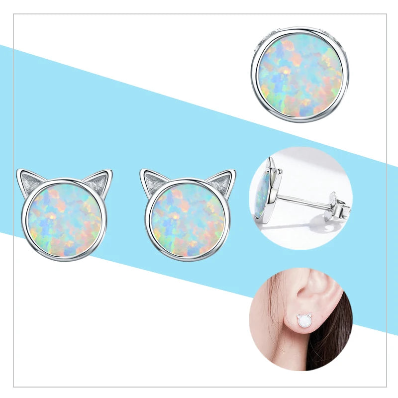 WOSTU 925 Sterling Silber Opal Stud Ohrringe Katze Einhorn Herz Blau Opal Ohrringe Für Frauen Original Silber 925 Schmuck