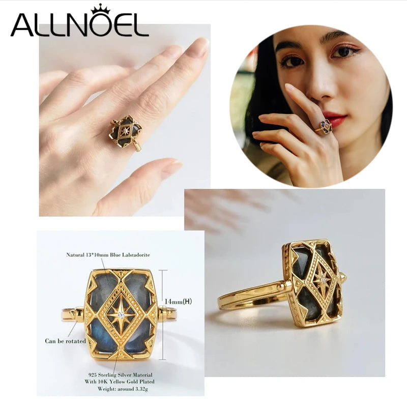 ALLNOEL Vintage-Ring-Anhänger aus 925er-Sterlingsilber, natürlicher Labradorit, Ohrring, Modeschmuck, Weihnachtsfeier, Geschenk, Zubehör