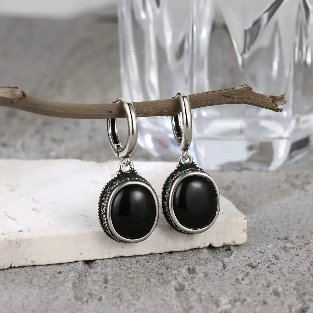 Vintage-Ohrring aus 925er-Sterlingsilber, ovaler natürlicher Kyanit-Stein, Mondstein, Labradorit, Creolen mit Halskette, Set für Frauen