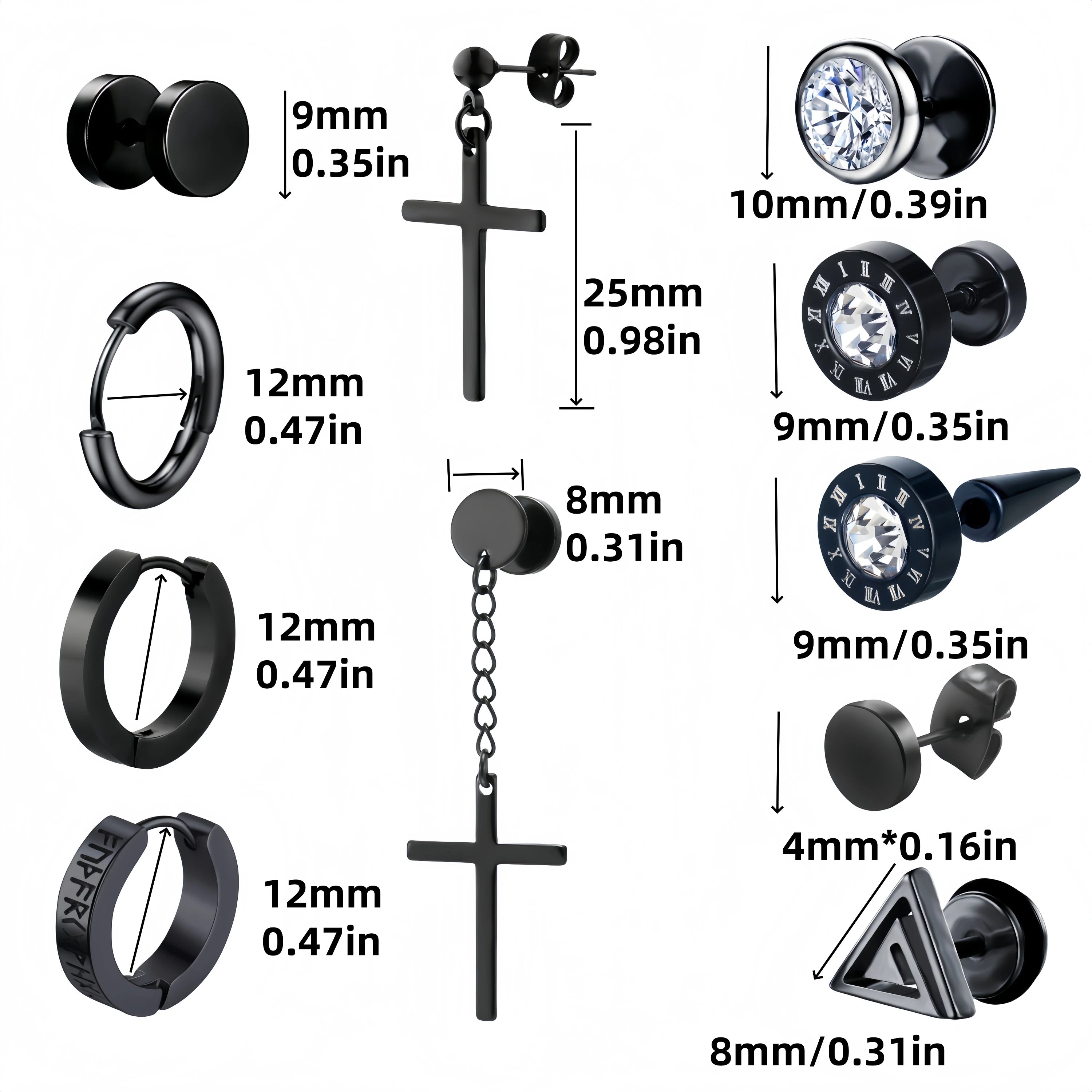 Hip-Hop Edelstahl Ohrstecker-Set – Schwarz – Unisex