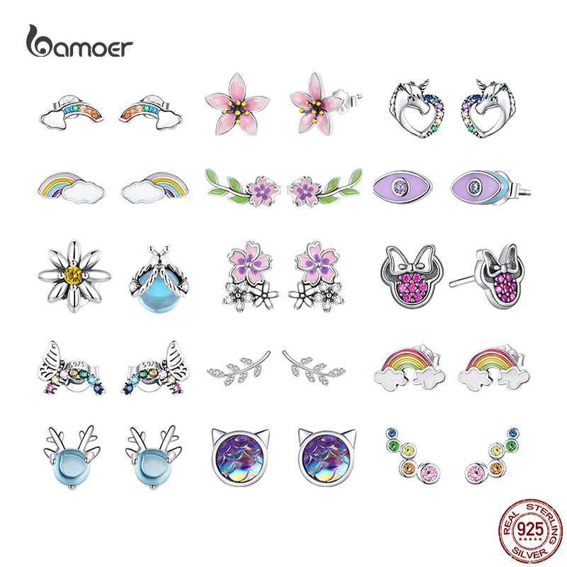 Bamoer Luxus-Ohrringe für Mädchen aus 925er-Sterlingsilber, Regenbogen-Schmetterling, niedlich, schick, lustig, Ohrstecker, Original für Damen, Party, edler Schmuck