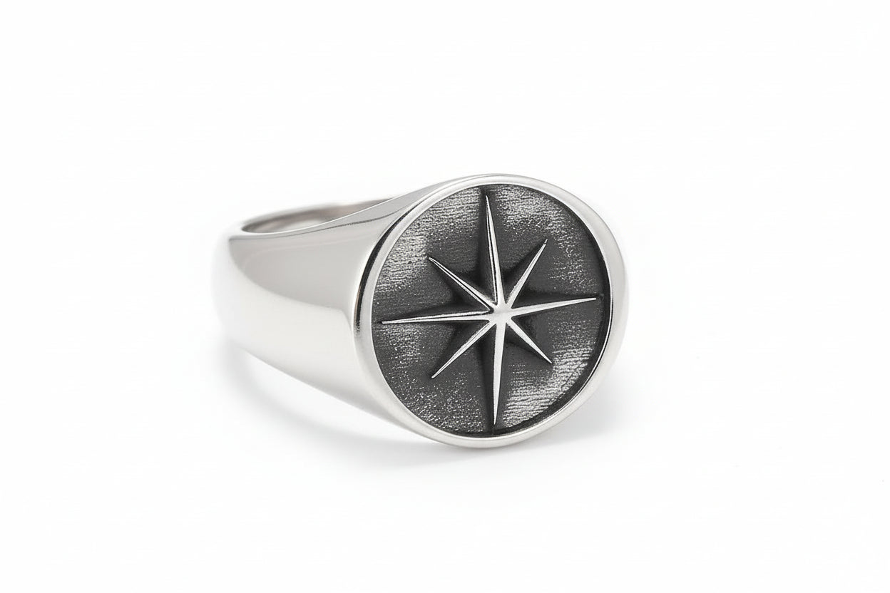 25er Silber-Siegelring Nordstern – Achtzackiger Stern im antiken Biker-Look