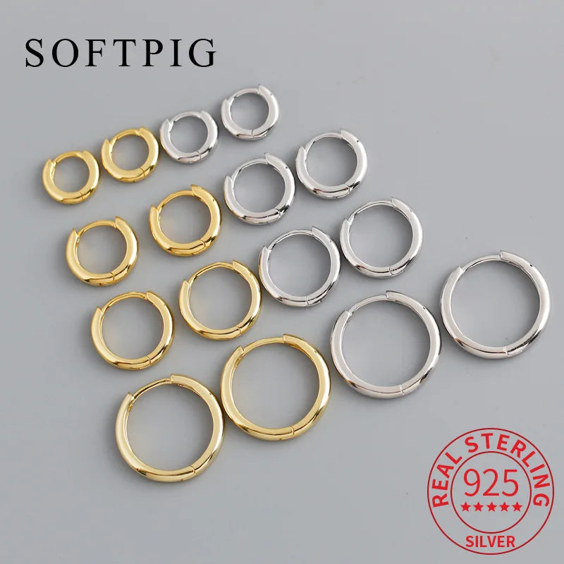SOFTPIG Echtes 925er Sterlingsilber, 18 Karat Gold, 10/12/14/18 mm, runde Creolen für Damen, edler Schmuck, minimalistische Accessoires
