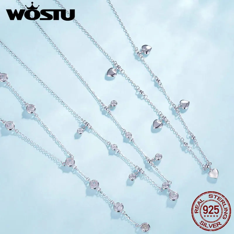 WOSTU Echte 925er-Sterlings-Hochzeits-Stapelbare Herz-Quasten-Halskette, runde Zirkon-Kette, funkelnde Y-Kettenglieder, stapelbarer Schmuck