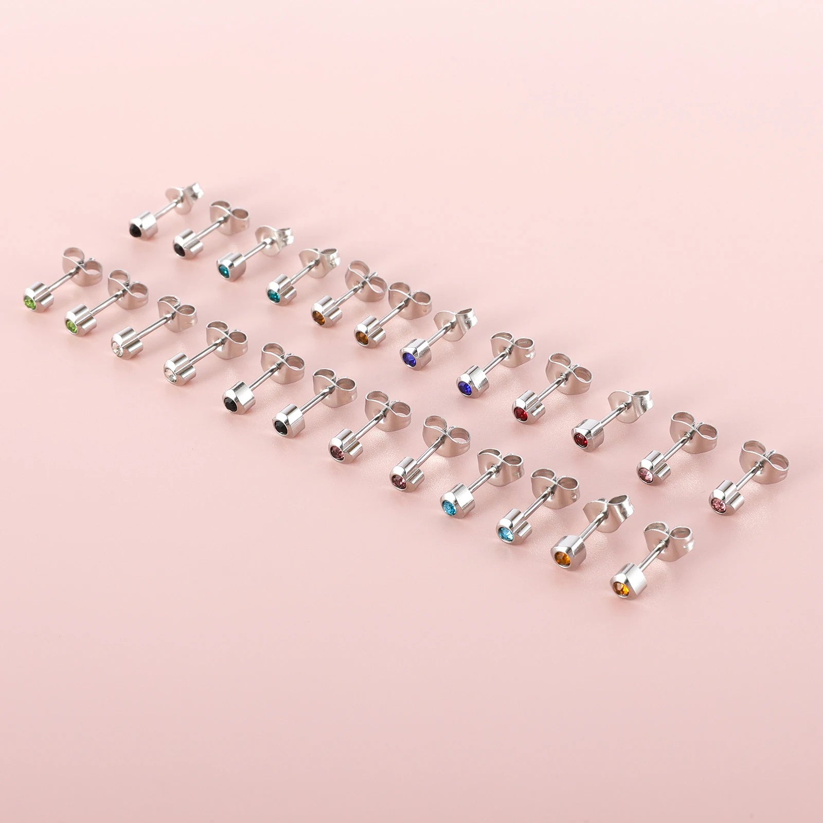 12 Paar Ohrstecker mit Geburtsstein aus chirurgischem Edelstahl mit kubischem Zirkonia, vergoldeter Herz-Stern-Ohrstecker, runder mehrfarbiger Ohrstecker