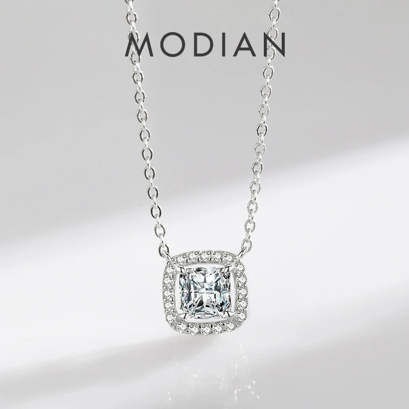 Modian Echt 925 Sterling Silber Exquisite Quadratische Glänzende Zirkonia Anhänger Klare CZ Kette Halskette für Frauen Hochzeit Edlen Schmuck