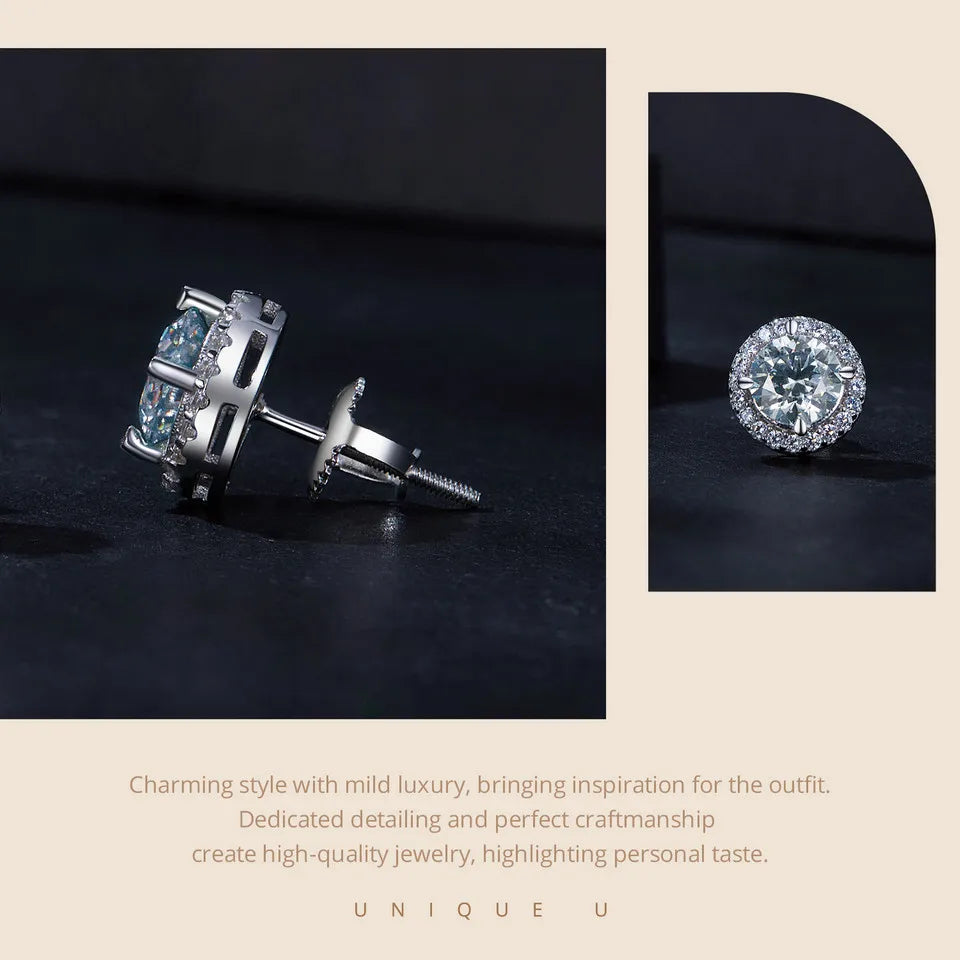 Bamoer U 0,5/1 CT Moissanit-Halo-Ohrringe, 925er Sterlingsilber, 4 Zinken, Ohrstecker, Rundschliff, für Frauen, Verlobungsgeschenk, edler Schmuck