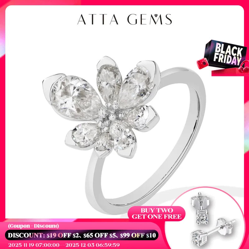ATTAGEMS Luxus-Damenring aus 925er-Sterlingsilber, Blumen, DVVS1, Moissanit, Birnenschliff, klassisches Band, Verlobung, Hochzeit, edler Schmuck