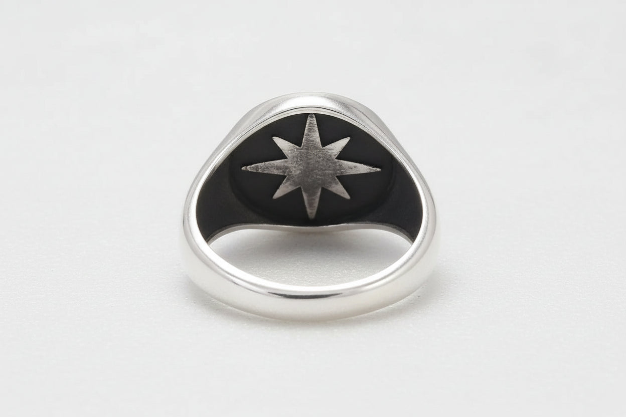 25er Silber-Siegelring Nordstern – Achtzackiger Stern im antiken Biker-Look