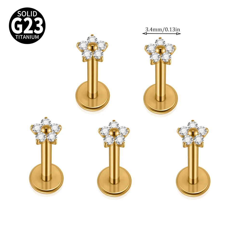 1/5PCS F-136 Implantat Titan Verschiedene Größe Blume Zirkonia Labret 16G Innengewinde Knorpel Helix Lappen Ohrring Piercing