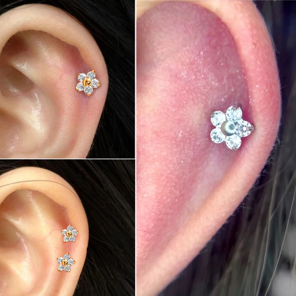 1/5PCS F-136 Implantat Titan Verschiedene Größe Blume Zirkonia Labret 16G Innengewinde Knorpel Helix Lappen Ohrring Piercing