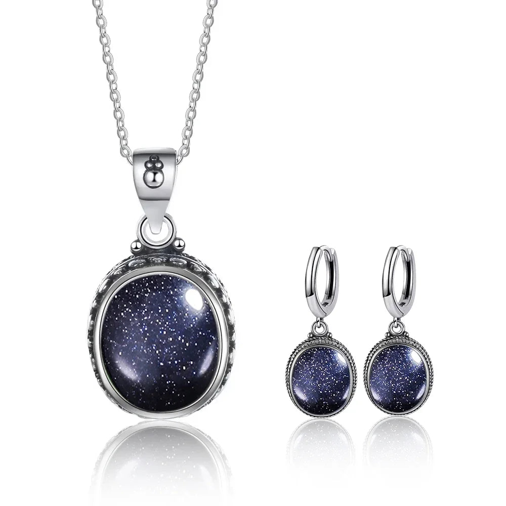Vintage-Ohrring aus 925er-Sterlingsilber, ovaler natürlicher Kyanit-Stein, Mondstein, Labradorit, Creolen mit Halskette, Set für Frauen
