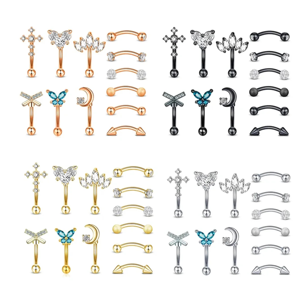 12er Piercing Set 16G Gebogene Langhantel Rook Daith Augenbraue Knorpel