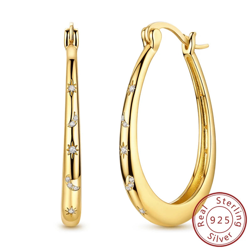 Neue Creolen aus 925er-Sterlingsilber, Gold, Gold, funkelnde Sonne, Mond, Stern, Ohrringe, Ohrstecker, Tropfen für Frauen, Mädchen, Party, edler Schmuck, Geschenk