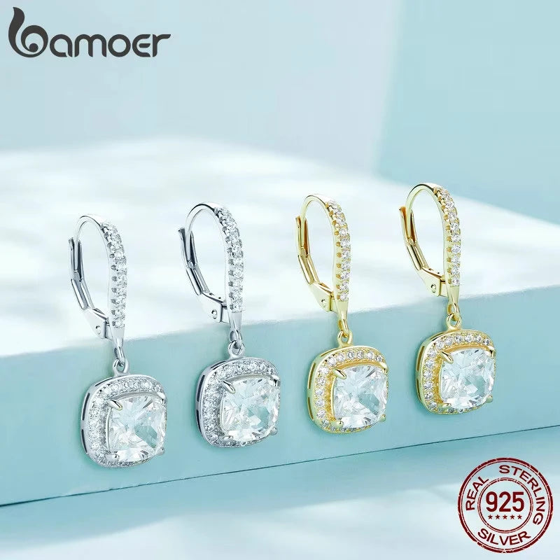 Bamoer authentische Sterling silber schillernde cz quadratische geometrische Tropfen ohrringe für Frauen 14 Karat vergoldeten Hochzeits schmuck sce520