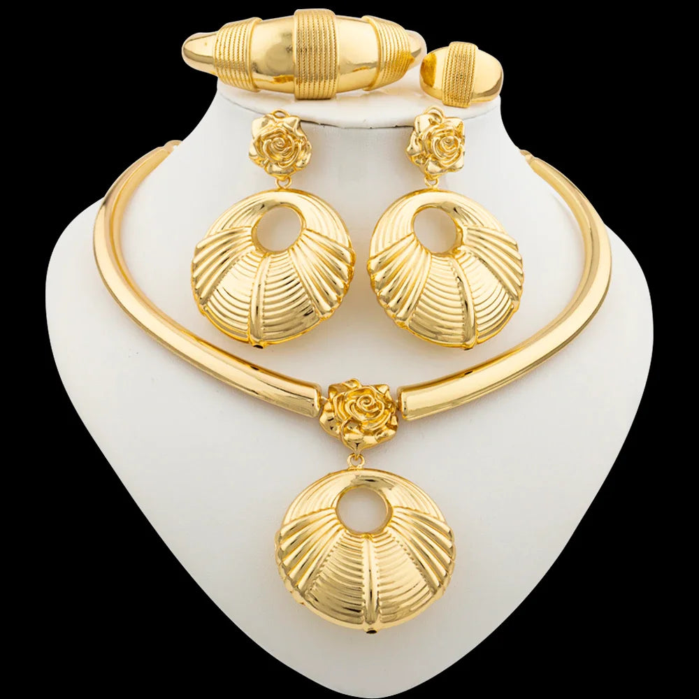 Afrikanisches 18 Karat vergoldetes Schmuckset für Frauen Creolen und Anhänger Set italienische Goldfarbe Hochzeiten Armreif Ring Schmuck