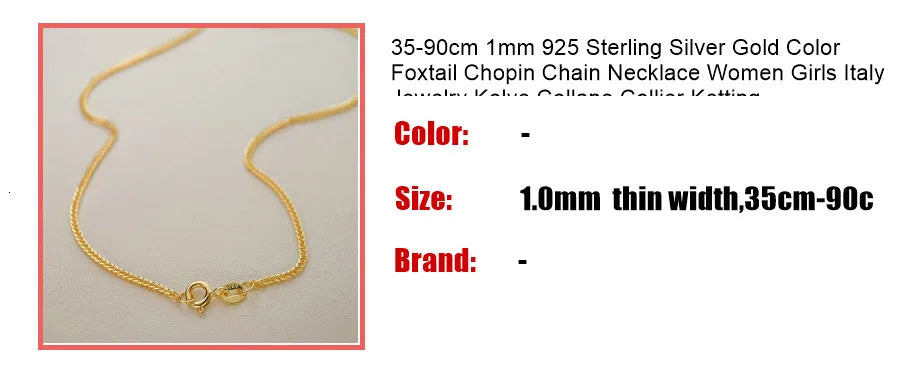 35–90 cm 1 mm 925 Sterling Silber Gold Farbe Fuchsschwanz Chopin Kette Halskette Frauen Mädchen Italien Schmuck Kolye Collane Collier Ketting