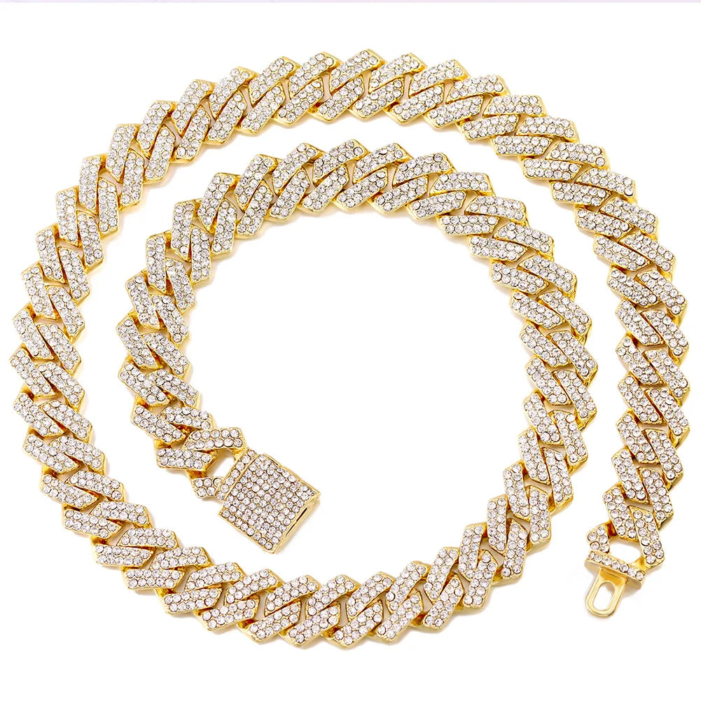 14mm Iced Out Cuban Kette für Herren – Luxuriöse Hip-Hop Strass-Halskette mit Zirkonia-Steinen – Gold/Silber