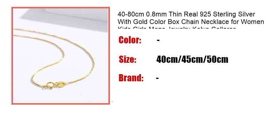 40–80 cm, 0,8 mm dünn, echtes 925er-Sterlingsilber mit goldfarbener Box-Kettenhalskette für Damen, Mädchen, Herrenschmuck, Kolye Collares
