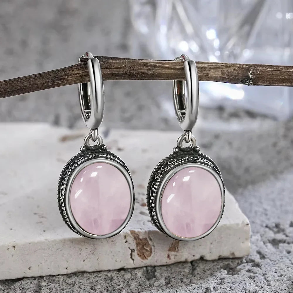 Vintage-Ohrring aus 925er-Sterlingsilber, ovaler natürlicher Kyanit-Stein, Mondstein, Labradorit, Creolen mit Halskette, Set für Frauen