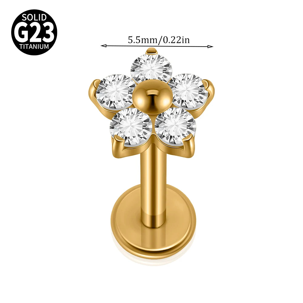 1/5PCS F-136 Implantat Titan Verschiedene Größe Blume Zirkonia Labret 16G Innengewinde Knorpel Helix Lappen Ohrring Piercing