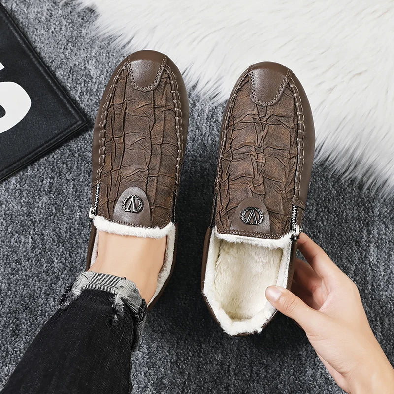 Winter Leder Männer Casual Schuhe Plüsch Warme Bequeme Halbschuhe Leichte Herren Fahren Schuhe Slip-on Herren Faule Schuhe Mokassins
