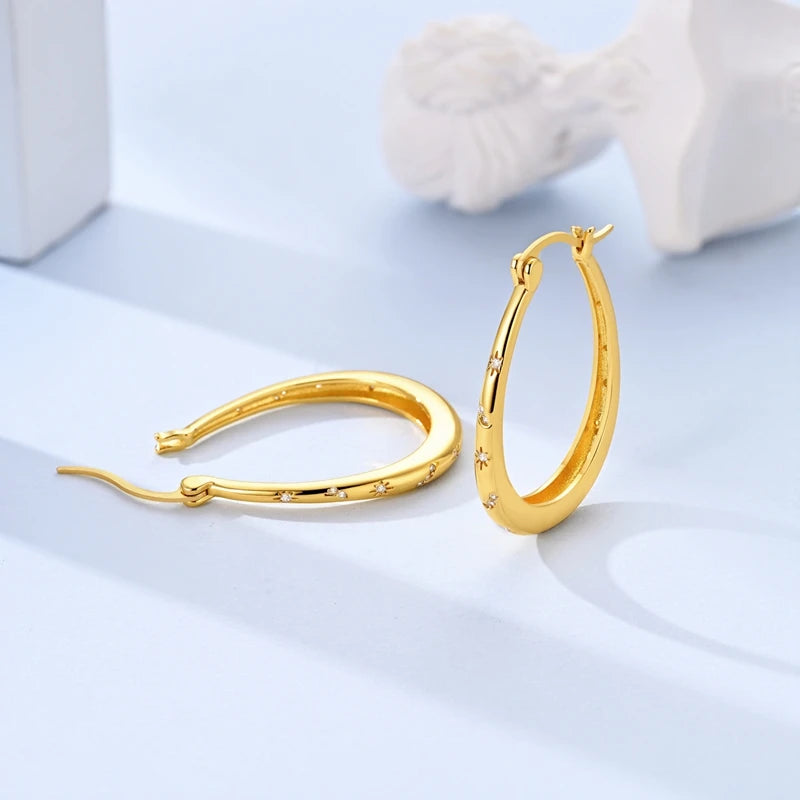 Neue Creolen aus 925er-Sterlingsilber, Gold, Gold, funkelnde Sonne, Mond, Stern, Ohrringe, Ohrstecker, Tropfen für Frauen, Mädchen, Party, edler Schmuck, Geschenk