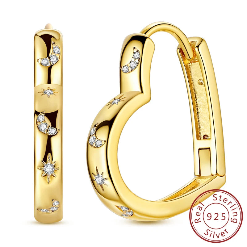 Neue Creolen aus 925er-Sterlingsilber, Gold, Gold, funkelnde Sonne, Mond, Stern, Ohrringe, Ohrstecker, Tropfen für Frauen, Mädchen, Party, edler Schmuck, Geschenk