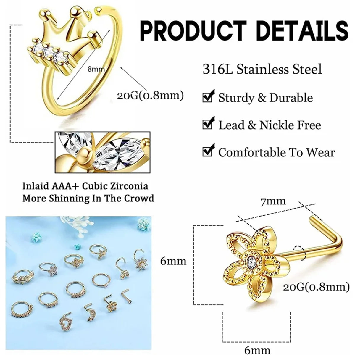 16-teiliges, hypoallergene Nasenstecker-Set aus Edelstahl 20G 316