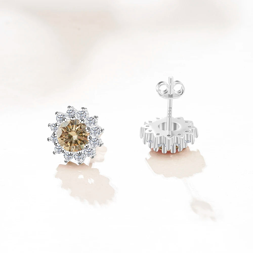 Joyce Kelly 1 Karat D Farbe Moissanit Diamant Ohrringe S925 Sterling Silber Schmuck für Frauen Sonnenblumenförmige Ohrstecker Hochzeit
