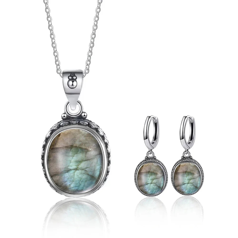 Vintage-Ohrring aus 925er-Sterlingsilber, ovaler natürlicher Kyanit-Stein, Mondstein, Labradorit, Creolen mit Halskette, Set für Frauen