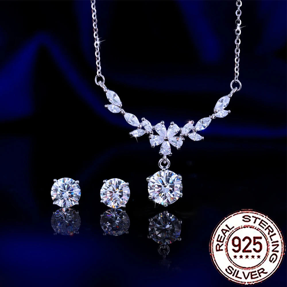 QooLady Halskette-Ohrringe-Sets aus Sterlingsilber 925, elegant, glänzend, CZ-Stein, Blatt-Blumen-Halskette, Ohrringe-Sets für Frauen, feiner Hochzeitsschmuck ST030