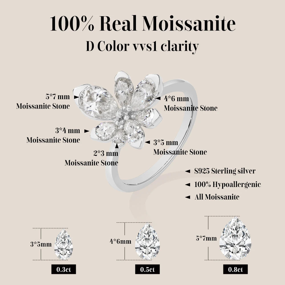 ATTAGEMS Luxus-Damenring aus 925er-Sterlingsilber, Blumen, DVVS1, Moissanit, Birnenschliff, klassisches Band, Verlobung, Hochzeit, edler Schmuck