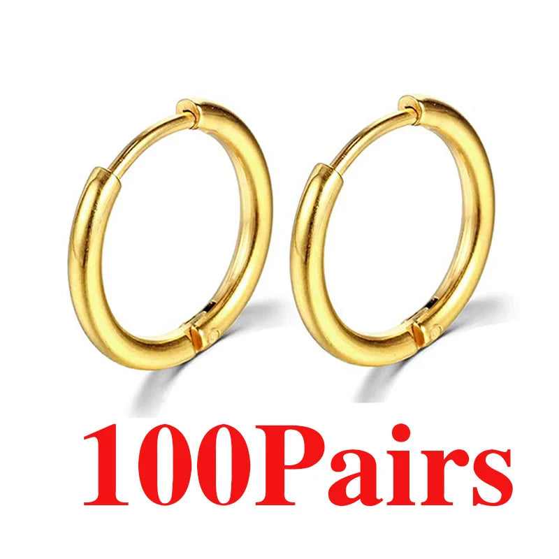 3/50/100 Paar kleine Creolen aus Edelstahl für Damen und Herren, goldfarben, schwarzer Kreis, dicker Ohrring, Huggie-Ohrringe, Piercing