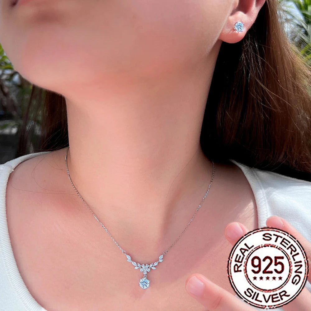 QooLady Halskette-Ohrringe-Sets aus Sterlingsilber 925, elegant, glänzend, CZ-Stein, Blatt-Blumen-Halskette, Ohrringe-Sets für Frauen, feiner Hochzeitsschmuck ST030