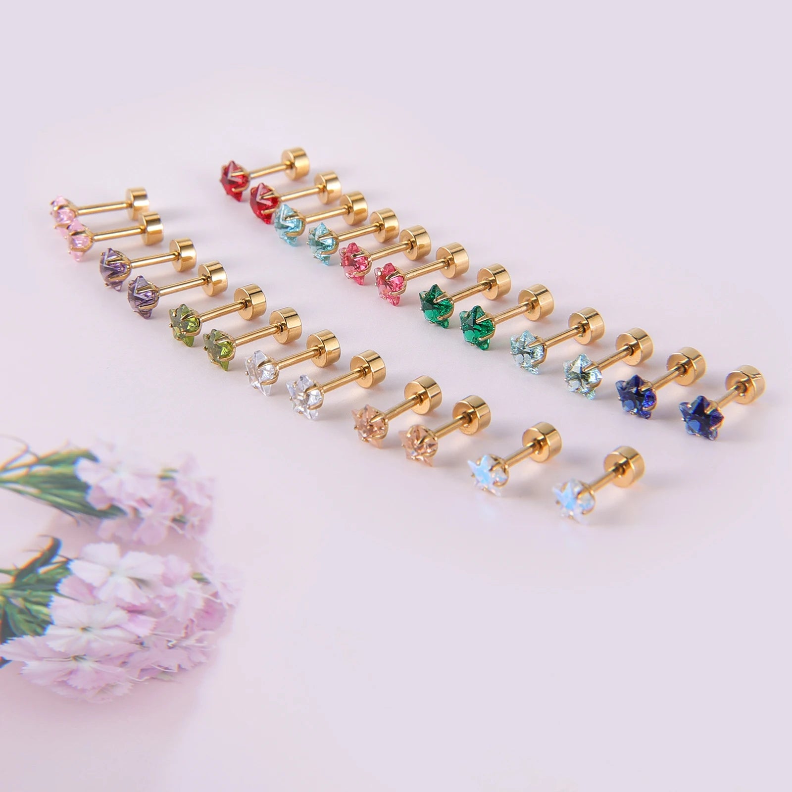 12-teiliges Ohrstecker-Set aus chirurgischem Edelstahl mit Knorpel-Helix-Ohrstecker, flache Rückseite, Schraubstern-CZ-Brithstone-Ohrringe für Frauen und Mädchen