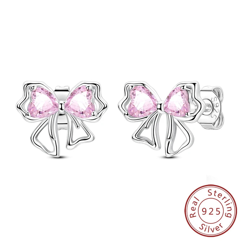 Creolen Neue Original 925 Sterling Silber Süße Herz Bogen Runde Zirkon Ohrstecker Für Frauen Mädchen Edlen Schmuck