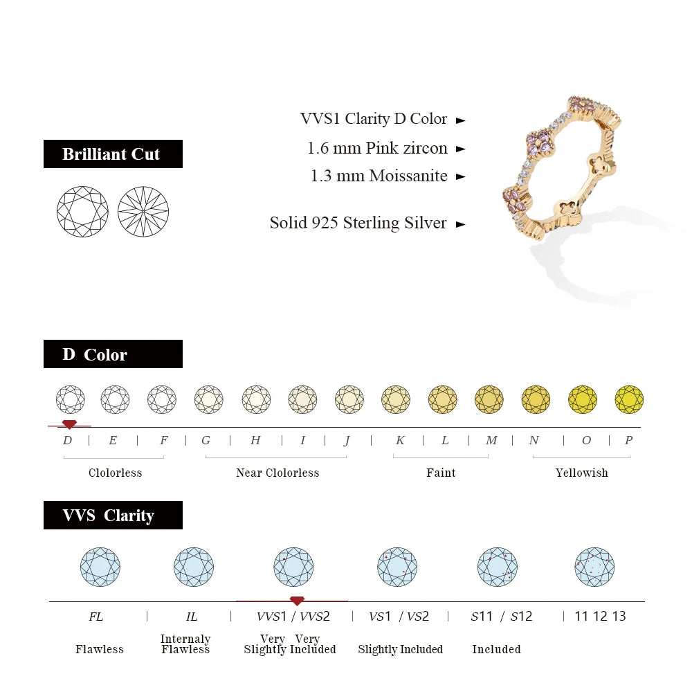 ATTAGEMS Eternity DVVS1 Moissanit-Ring für Damen, 100 % echtes 925er-Sterlingsilber, vergoldet, Hochzeit, Party, Charm, edler Schmuck, neu